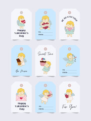 Saint Valentine's Day gift tags, cards, sticker elements set. Collection of cute cartoon illustration of bow, cupid, heart, arrow.