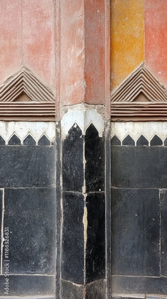 Poster detailed view of an ancient wall with geometric patterns and color variations, showcasing rich textu
