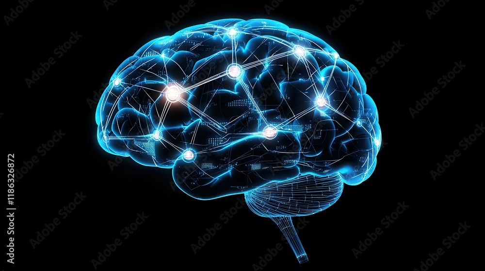 Poster a glowing, digital representation of a brain, showcasing neural connections and networks against a d