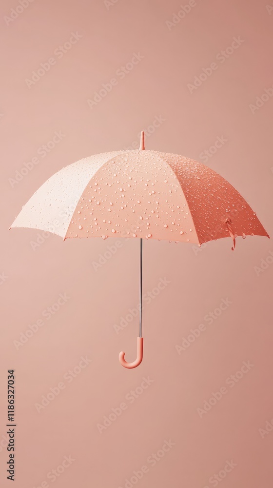 Poster peach umbrella adorned with glistening water droplets, floating gracefully against a soft peach back