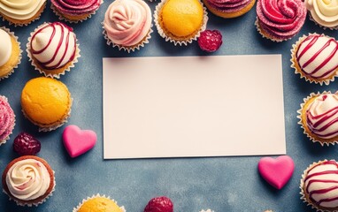 Obraz premium A delightful array of colorful cupcakes sits on a vibrant blue surface, tempting with unique flavors that promise a sweet celebration this Valentine's Day.