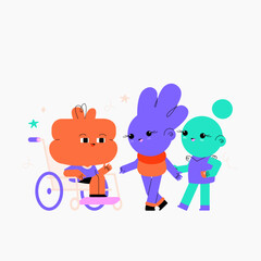 Inclusive community with characters supporting a friend in a wheelchair, symbolizing diversity, friendship, and inclusivity, flat vector illustration.