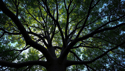 Fototapeta premium Upward view of broad interwoven branches with patches of light breaking through a dense tree canopy