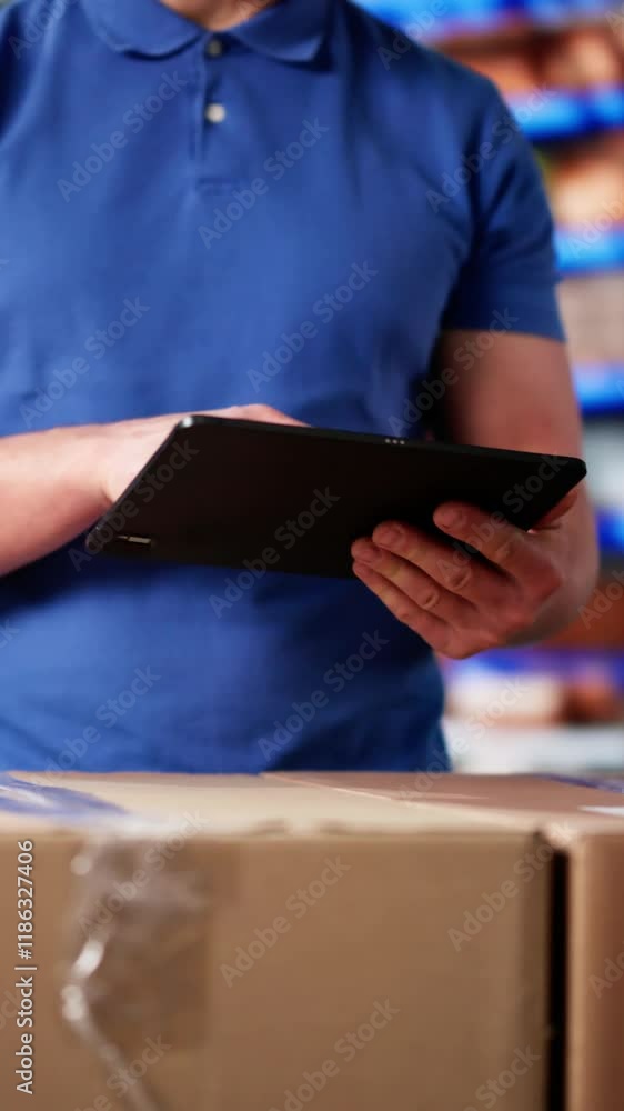 Poster delivery man worker using tablet