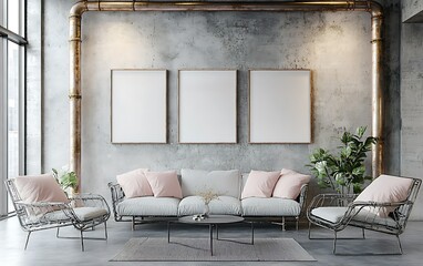 Modern living room interior design; grey sofa, three frames, city view