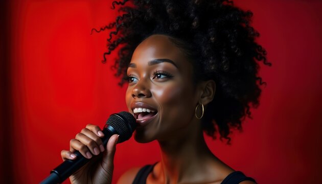 Young black woman sings passionately into microphone. Energetic performance on red background. Close-up portrait captures soulful emotion. Live music event concert. Stage presence. Artist expresses