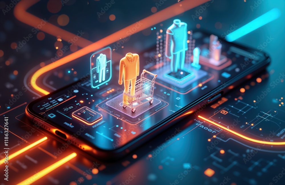 Poster Futuristic mobile phone displays online shopping experience. Digital payment tech from smartphone. Virtual shopping cart with apparel items. Interactive interface. Generative AI powers e-commerce