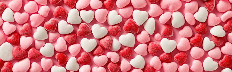 Obraz premium A Valentine's Day-themed background featuring an array of pink, red, and white heart-shaped candies. The candies are arranged in a pattern that creates the illusion of depth and texture.