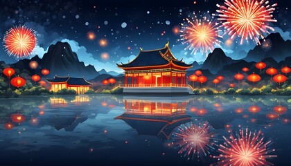 Obraz premium chinese new year celebrations, illustration of traditional china landscape with fireworks in the night sky, chinese new year banner