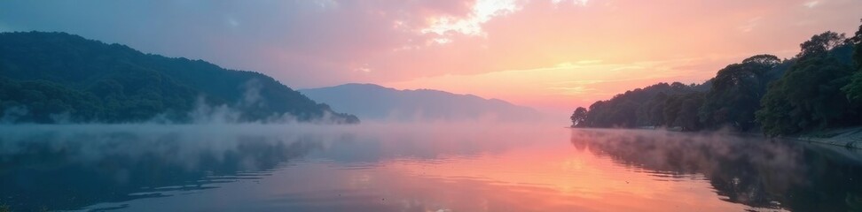 Fototapeta premium Misty dawn on Lagoa Rodrigo de Freitas lakefront, lake, calm, natural