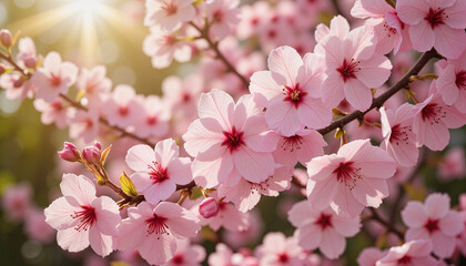 Obraz premium Close-up of cherry blossom branches covered in vibrant pink flowers illuminated by soft sunlight against a blurred greenery backdrop