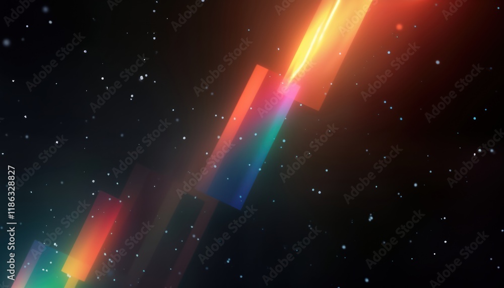 Fototapete Abstract illustration of prism light reflections on dark background. Geometric shapes with soft gradients create visual effect. Many colorful light beams, patterns. Ethereal, futuristic design.