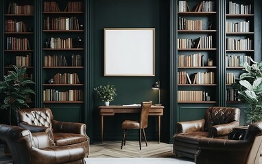 Elegant study room with bookshelves, leather chairs, and a blank canvas