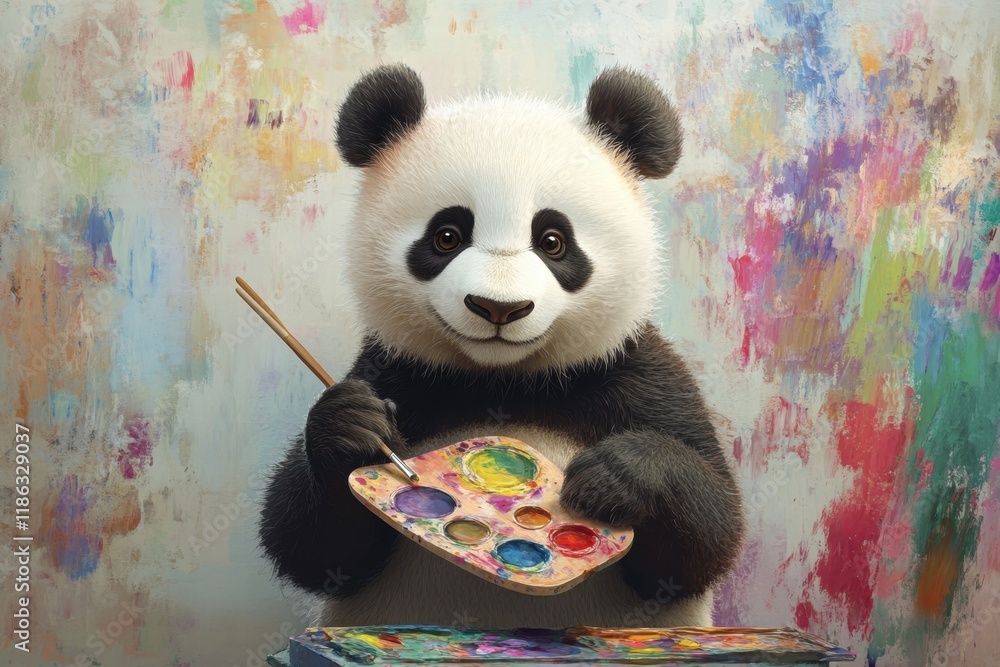 Aufkleber Panda artist playing with paintbrush and palette in a colorful studio setting during daylight. Generative AI