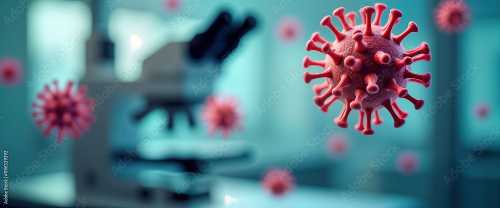 Poster Close-up view of virus particles under microscopic examination in lab. Scientists study virus structure. Researching virus spikes, morphology. Medical lab setting. Biotechnology lab equipment in