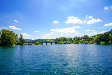 View of Lake Sorpe and the surrounding landscape. Nature at the Sorpe Dam near Arnsberg.
