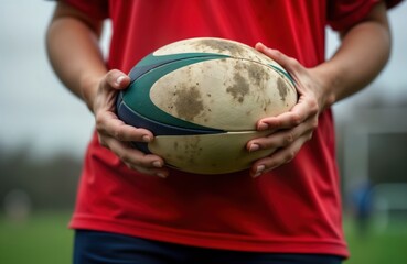 Female athlete holds dirty rugby ball. Ready for sport action. Woman in red sports top. Outdoors. Possible rugby training match. Active lifestyle. Team sport concept. Sport equipment. Recreation.