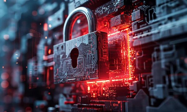 Cybersecurity concept with a glowing red lock on a circuit board