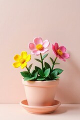 Pastel flowers in a delicate terra cotta planter against a pale sky, ceramic pots, delicate petals, small flowers