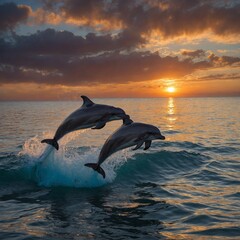 Fototapeta premium Dolphins leaping gracefully from the ocean, silhouetted against a vibrant sunset.