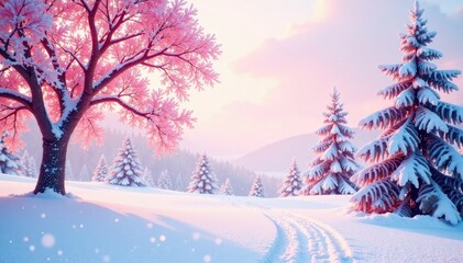 Fototapeta premium Pastel pink winter landscape with snow-covered trees and snowflakes, icy, serene, trees