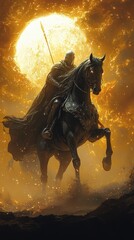 Illustration - Knight Riding Horse Under Orange Moon