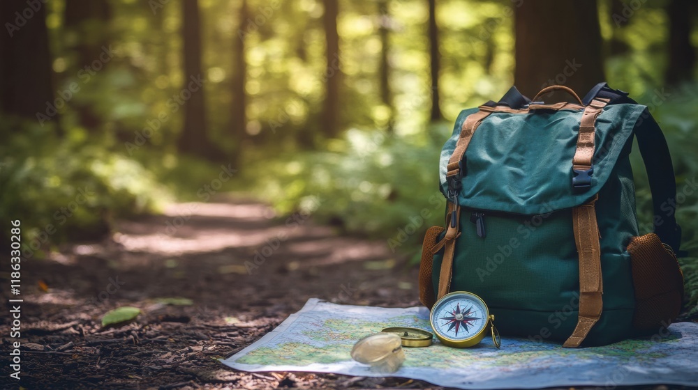 Poster Exploring nature with a backpack, map, and compass in a serene forest setting during daylight. Generative AI