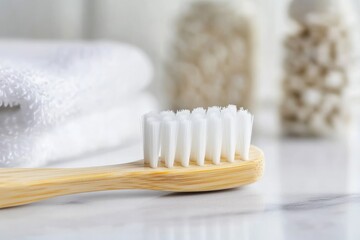 Eco-friendly bamboo toothbrush lying on a marble countertop, emphasizing sustainable oral care and bathroom essentials