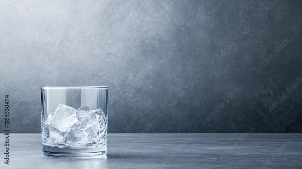 Poster ice cubes in a clear glass on a dark background with smooth textures and subtle lighting effects
