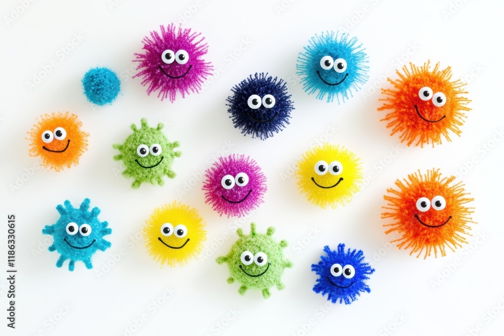 Poster bright and cheerful microbes with smiles and eyes create a playful atmosphere in a colorful arrangem