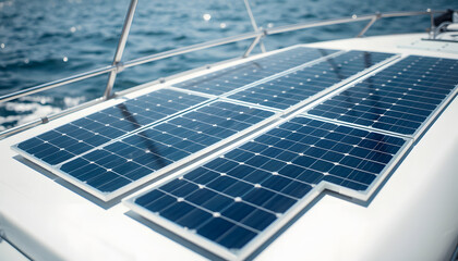 Close-up of solar panels integrated on the deck of a boat. On board energy generation as an additional power supply for yachts and hybrid or electric ships, magazine photoshoot, with white tones