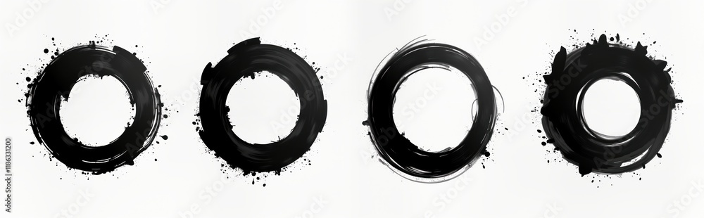 Aufkleber Set of artistic circle brush strokes. Hand drawn paint textures create isolated circles. Abstract design elements. Graphic design tools. Unique shapes. Black ink on white background. Collection of
