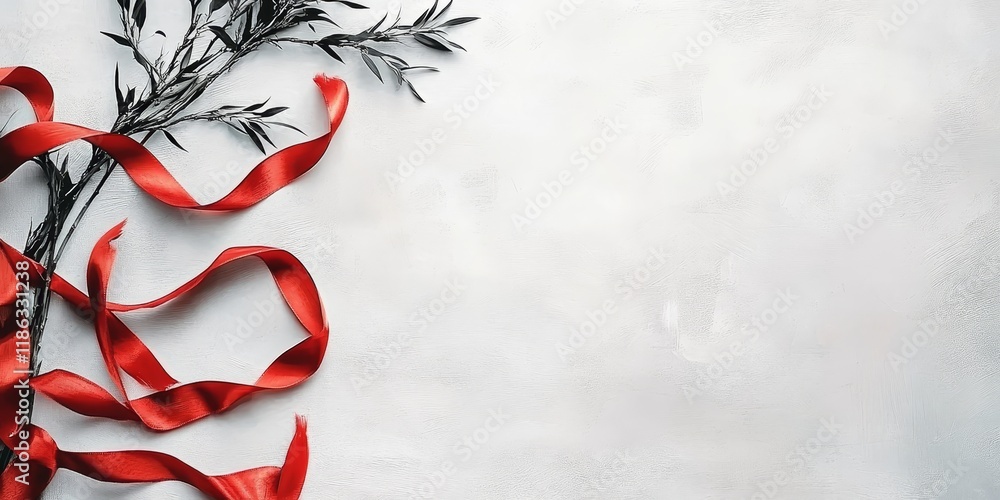 Aufkleber elegant composition with green olive branch and flowing red ribbon on soft textured background ideal