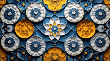 Intricate Blue and Yellow Floral Mandala Design: A Stunning 3D Pattern of Circular Motifs and Geometric Shapes
