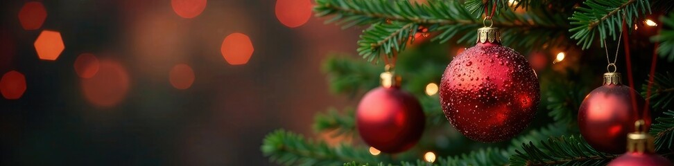 Red Christmas ornaments hung on a fir tree branches, ribbons, red christmas balls, decorations