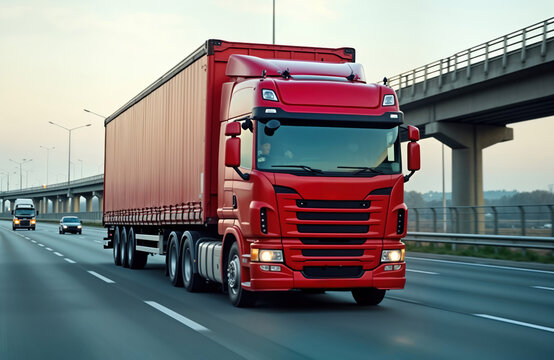 Large red haulage vehicle travels on expressway. Truck carries large container trailer. Highway transportation in progress. Driver likely focused on safe driving. Modern vehicle on road.