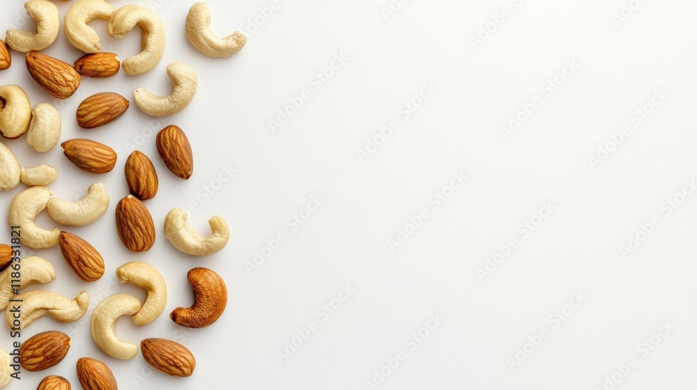 Poster Cashew nuts and almonds are arranged on a white background, forming a natural border and offering a healthy snack option with ample space for text or design elements