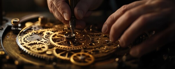 Hands assembling intricate mechanical clock gears