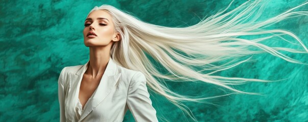 Obraz premium Fashion model with long white hair in a stylish white suit poses dramatically against a vibrant green background, blending modern elegance with artistic
