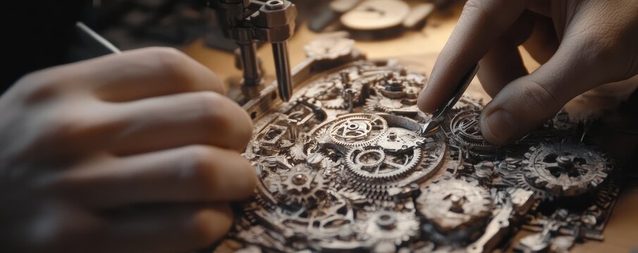 Hands assembling intricate mechanical clock gears