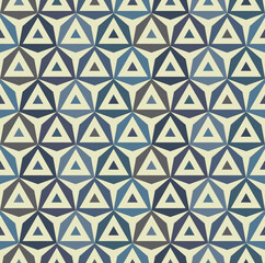 Retro-style abstract seamless repeating pattern with a contemporary mosaic design of simple, repeated geometric blue shapes. Vector illustration.