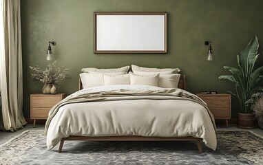 Modern bedroom interior design, green walls, wooden bed, natural decor, relaxing atmosphere, home staging