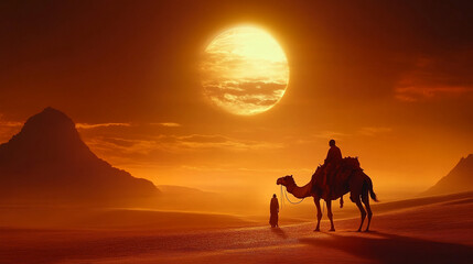 Camel caravan travels through the desert at sunset with a beautiful orange sky and mountains in the distance