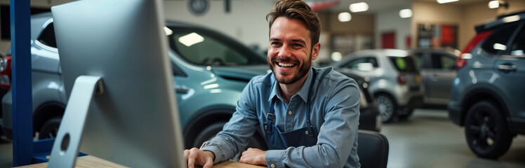 Happy auto shop employee uses computer to sell cars. Cars in background. Employee smiling, working. Modern shop setting. Professional, friendly atmosphere. Tech used to sell. Car parts visible.