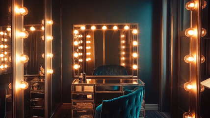 A glamorous Hollywood-inspired dressing room featuring mirrored furniture, bright lights surrounding a large mirror, and a plush velvet chair, creating a chic and luxurious atmosphere.
