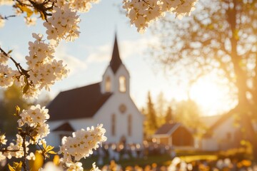 Springtime celebration with blooming flowers near a church at sunset during Easter festivities