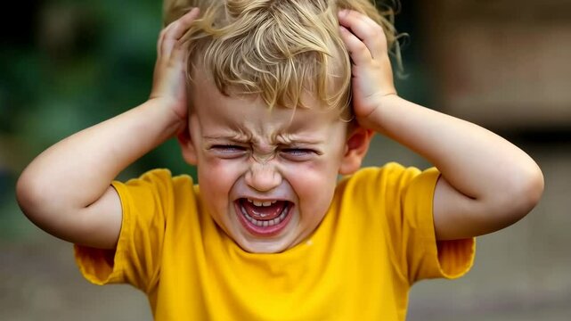 Upset Child Holding Head Having Sensory Overload or Headache Concept