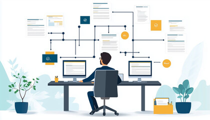 illustration of a manager working at his desk on an organisation diagram