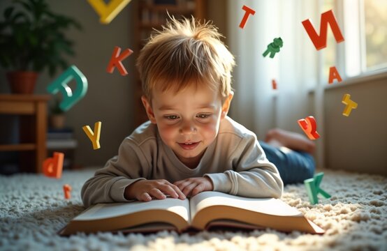 Young boy reads open book indoor at home. Colorful letters float around him. He looks down engrossed in book. Daytime setting. Child is focused on his schoolwork. Suggests educational support.