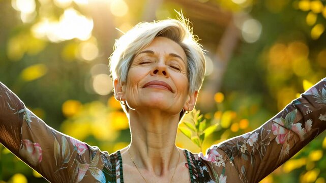 Happy Senior Woman Opening Arms to Embrace Sunlight in Green Nature